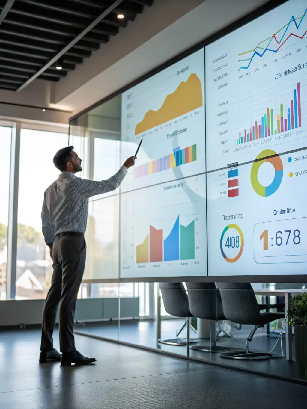 An Indian entrepreneur presenting a growth strategy to a team, using data analytics dashboards to illustrate key performance indicators and growth opportunities, representing the growth hacks coaching service.