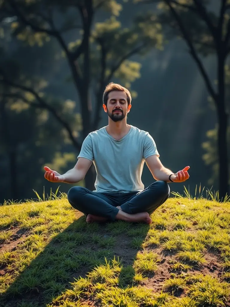 A focused Indian entrepreneur meditating in a serene environment, visualizing success and overcoming challenges, symbolizing the entrepreneurial mindset development coaching service.